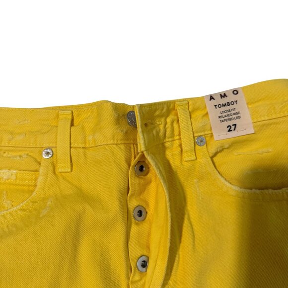 AMO Womens Tomboy Crop Pants Yellow Denim Size 27 Relaxed Fit Button Fly - Picture 6 of 16